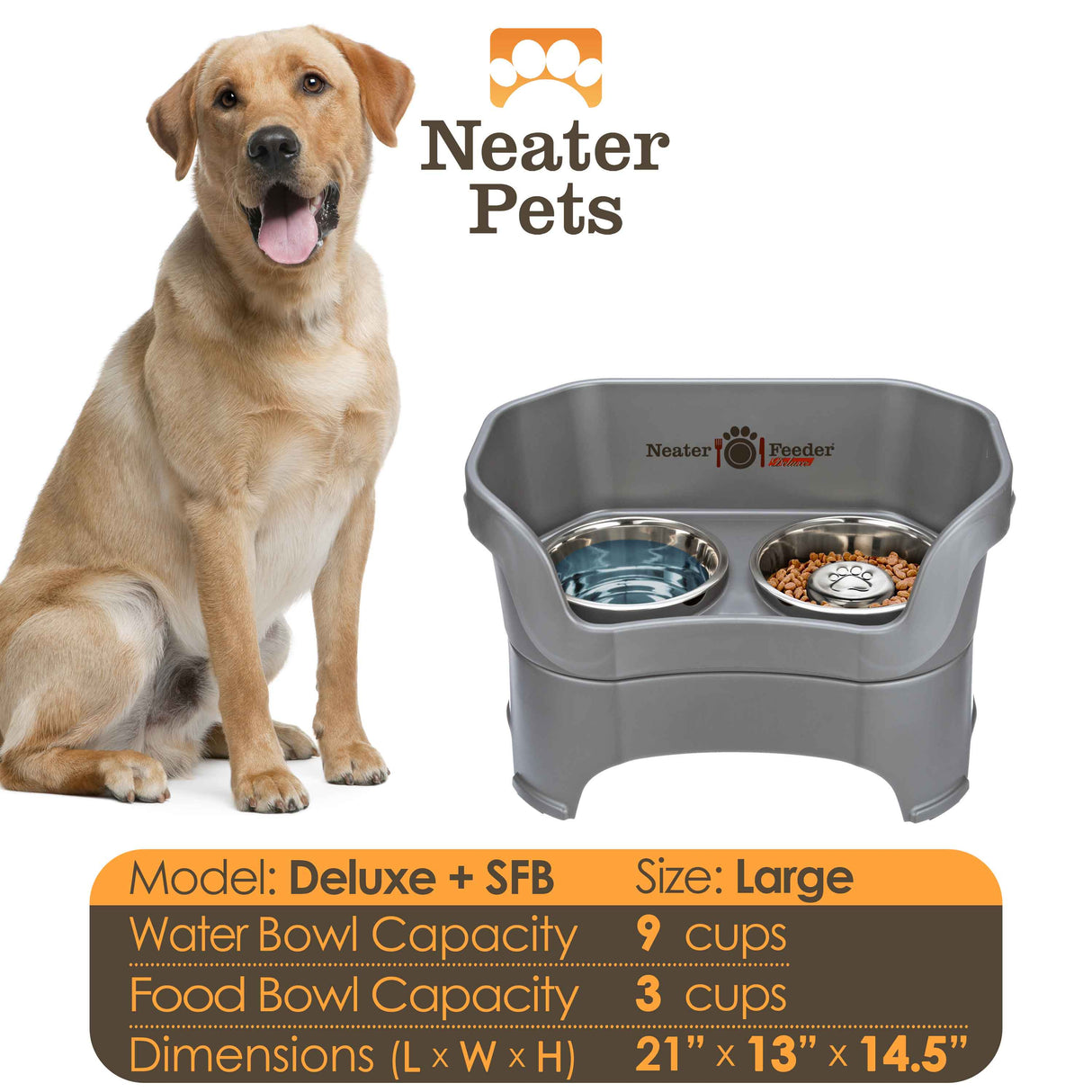 A chart displaying the Deluxe large with Slow Feed bowl capacity and dimensions, with a large size dog next to the chart.