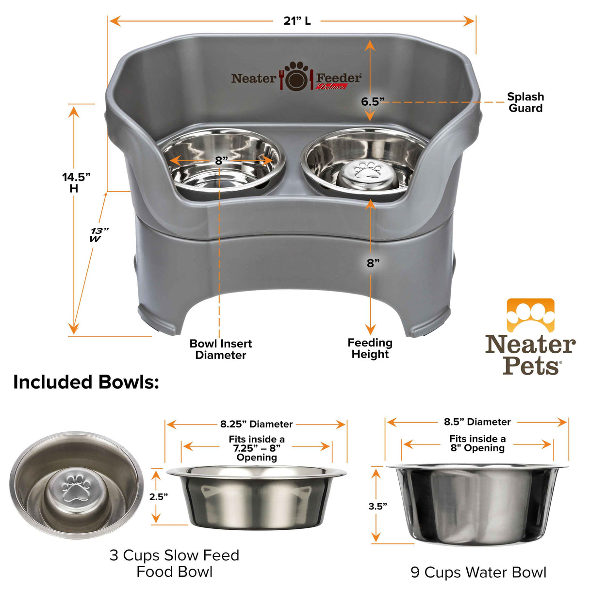 dimensions of the gunmetal gray large DELUXE Neater Feeder with Stainless Steel Slow Feed Bowl
