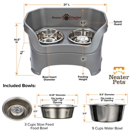 dimensions of the gunmetal gray large DELUXE Neater Feeder with Stainless Steel Slow Feed Bowl