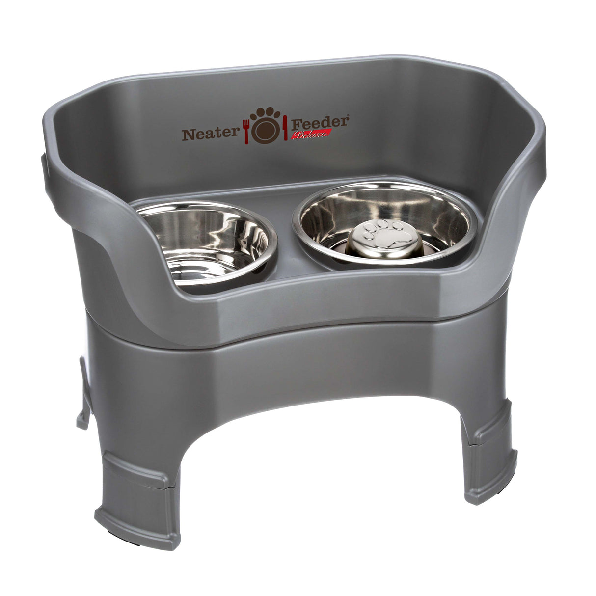 gunmetal gray large DELUXE Neater Feeder with Stainless Steel Slow Feed Bowl with leg extensions and stainless steel water bowl against a white background.