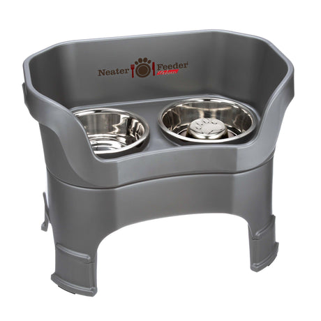 gunmetal gray large DELUXE Neater Feeder with Stainless Steel Slow Feed Bowl with leg extensions and stainless steel water bowl against a white background.
