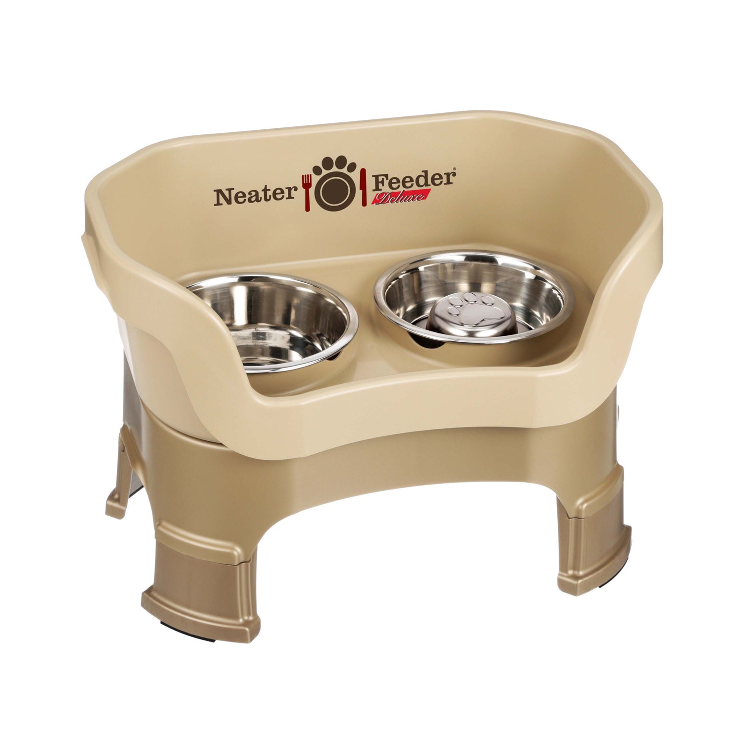 Cappuccino medium DELUXE Neater Feeder with Stainless Steel Slow Feed Bowl with leg extensions and stainless steel water bowl against a white background.