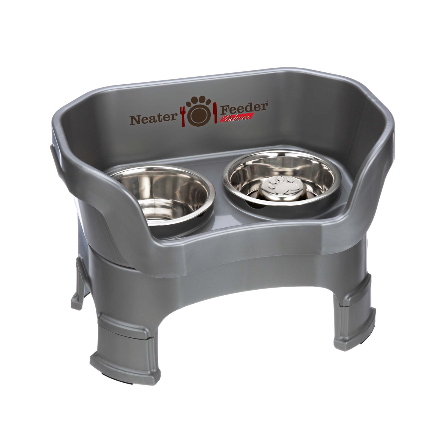 gunmetal gray medium DELUXE Neater Feeder with Stainless Steel Slow Feed Bowl with leg extensions and stainless steel water bowl against a white background.