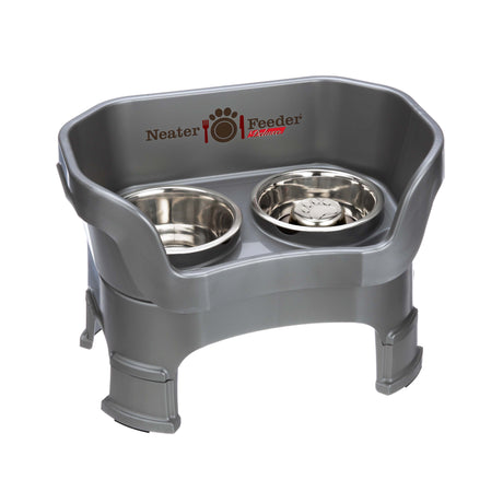 gunmetal gray medium DELUXE Neater Feeder with Stainless Steel Slow Feed Bowl with leg extensions and stainless steel water bowl against a white background.