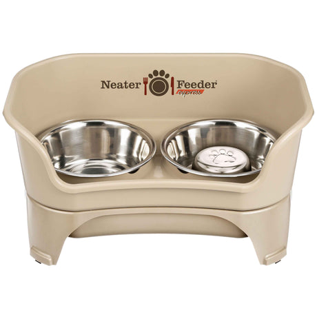 almond medium to large EXPRESS Neater Feeder with Stainless Steel Slow Feed Bowl and a regular water bowl against a white background.