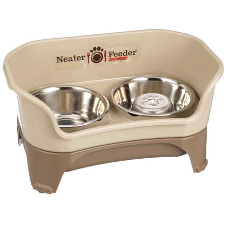 Cappuccino medium to large EXPRESS Neater Feeder with Stainless Steel Slow Feed Bowl and a regular water bowl against a white background.