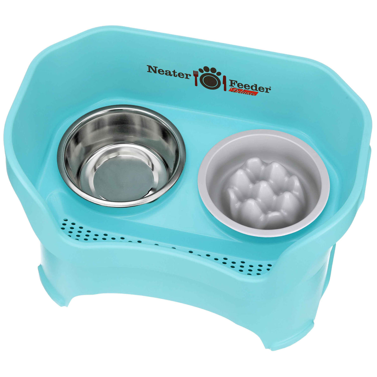 The Neater Feeder Deluxe large with the Niner bowl and stainless steel water bowl against a white background.