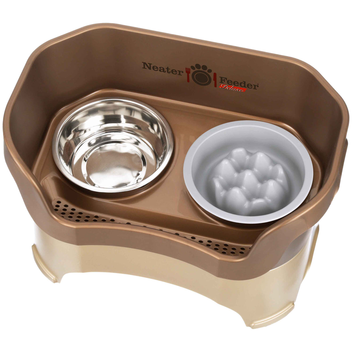 The Neater Feeder Deluxe large with the Niner bowl and stainless steel water bowl against a white background.