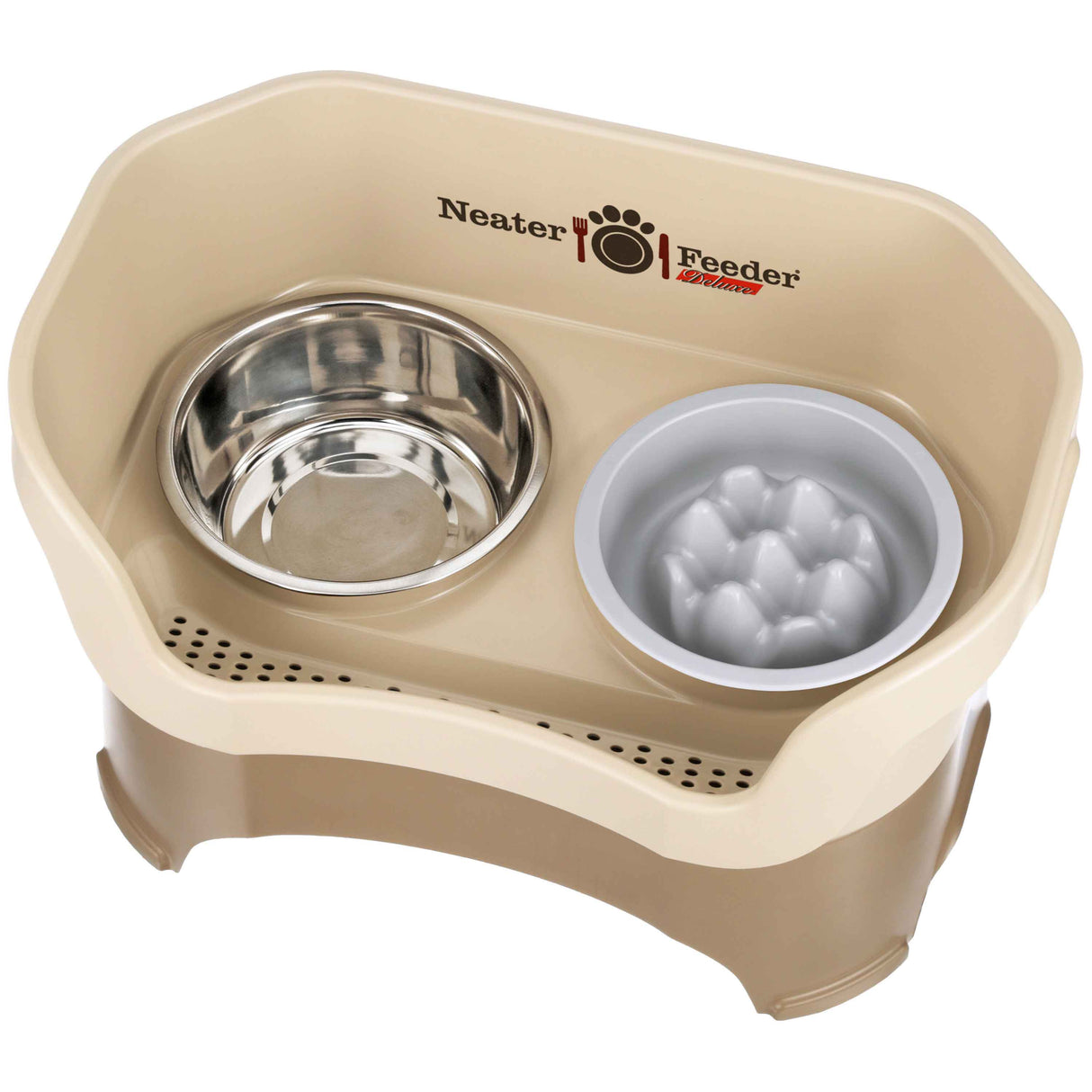 The Neater Feeder Deluxe large with the Niner bowl and stainless steel water bowl against a white background.