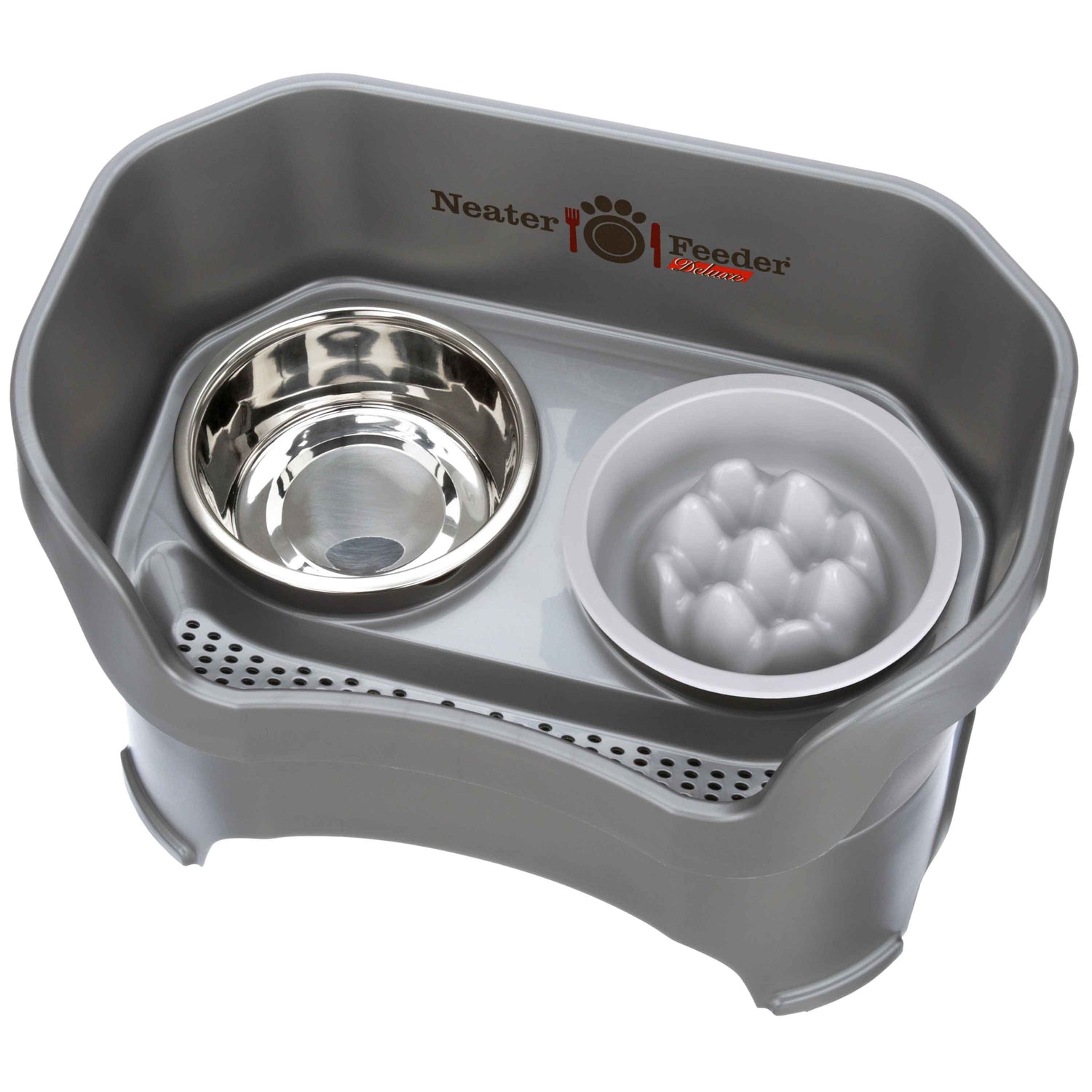 Gunmetal Neater Feeder Deluxe with Niner Slow Feed Bowl and stainless steel water bowl against a white background.