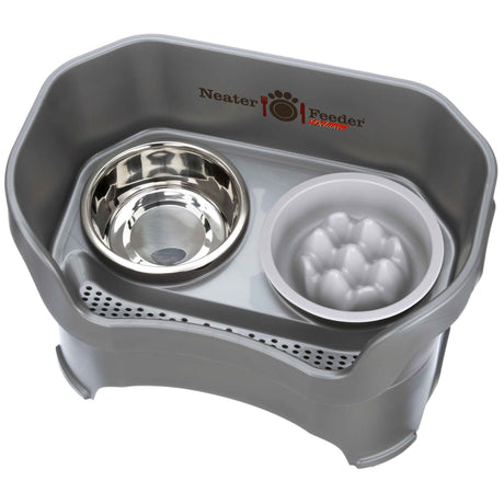 Gunmetal Neater Feeder Deluxe with Niner Slow Feed Bowl and stainless steel water bowl against a white background.