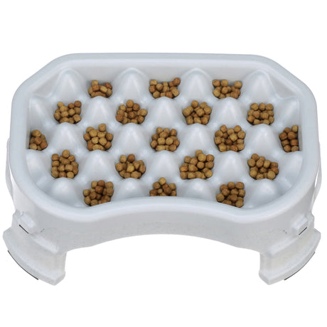 2.5 cup Raised Neater Slow Feeder with kibble inside the feeder against a white background.