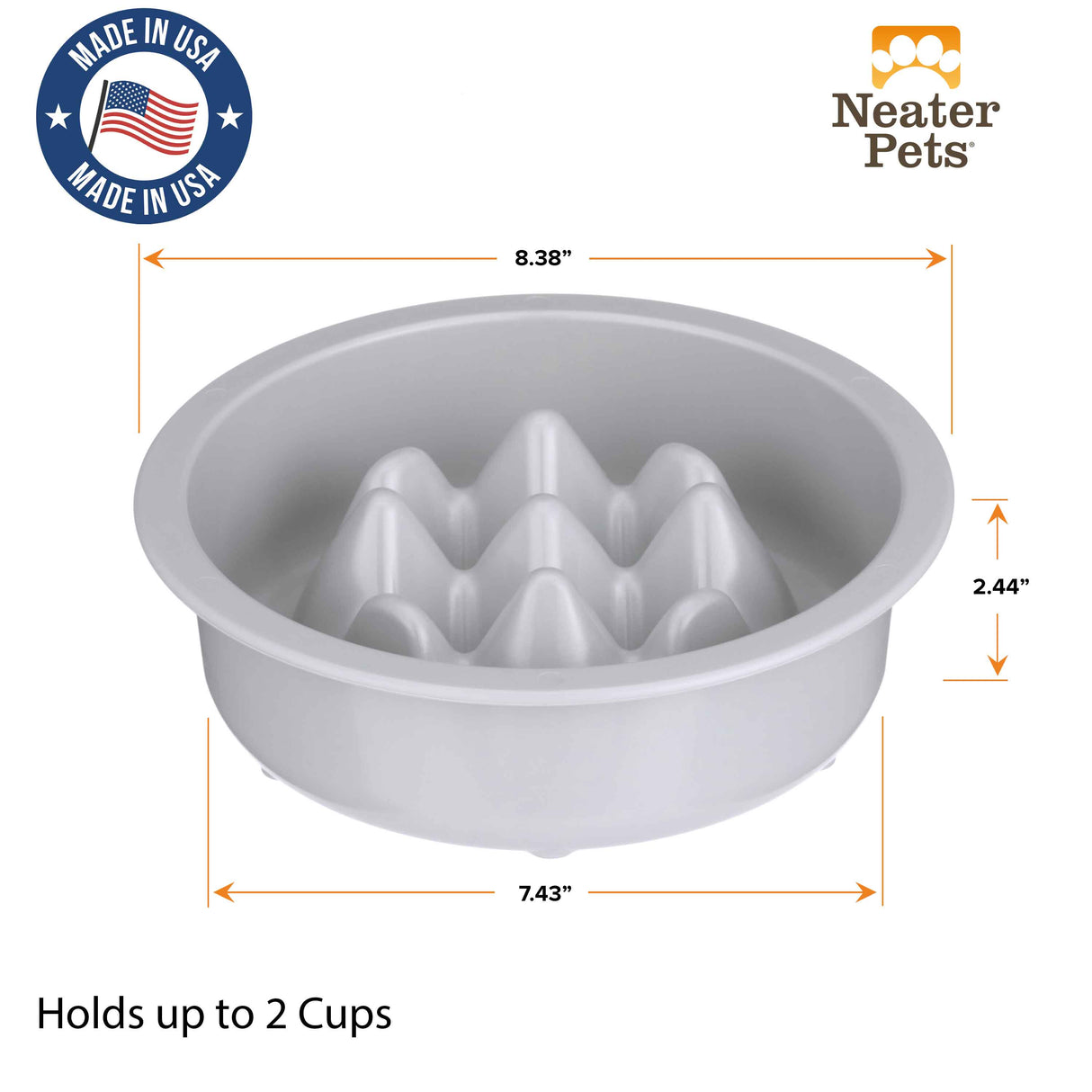 Diagram of The Niner with the dimensions. The bowl can up to 2 cups of food and is made in the USA.