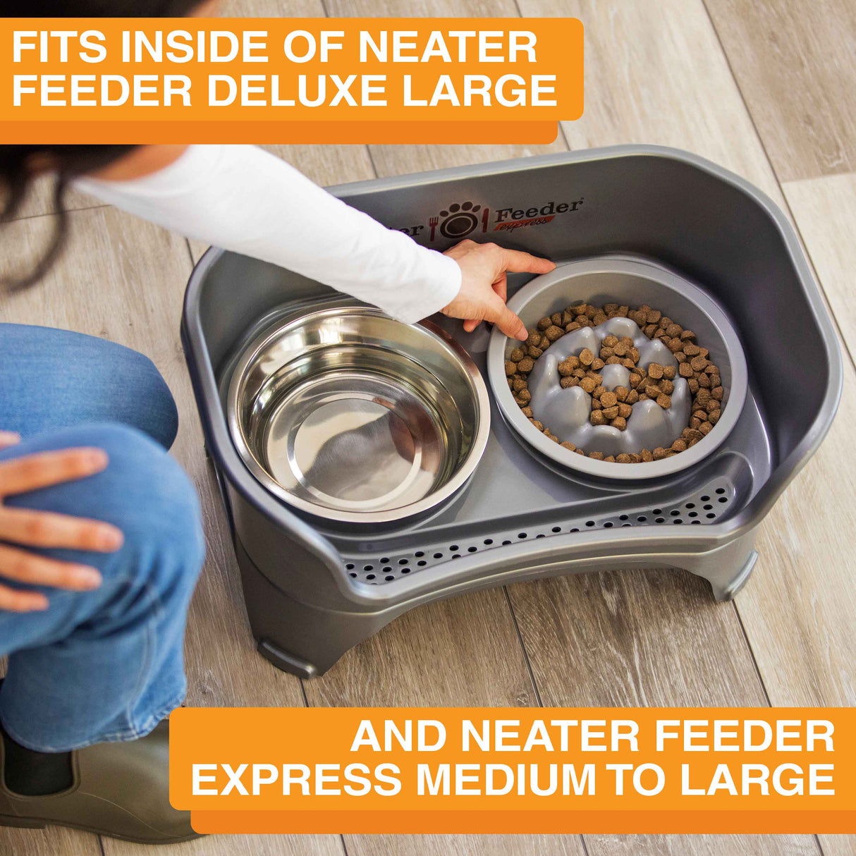 Woman placing The Niner inside the Express Medium to Large Neater Feeder. Text mentions that the Niner fits inside the Deluxe and Express large Neater Feeders.