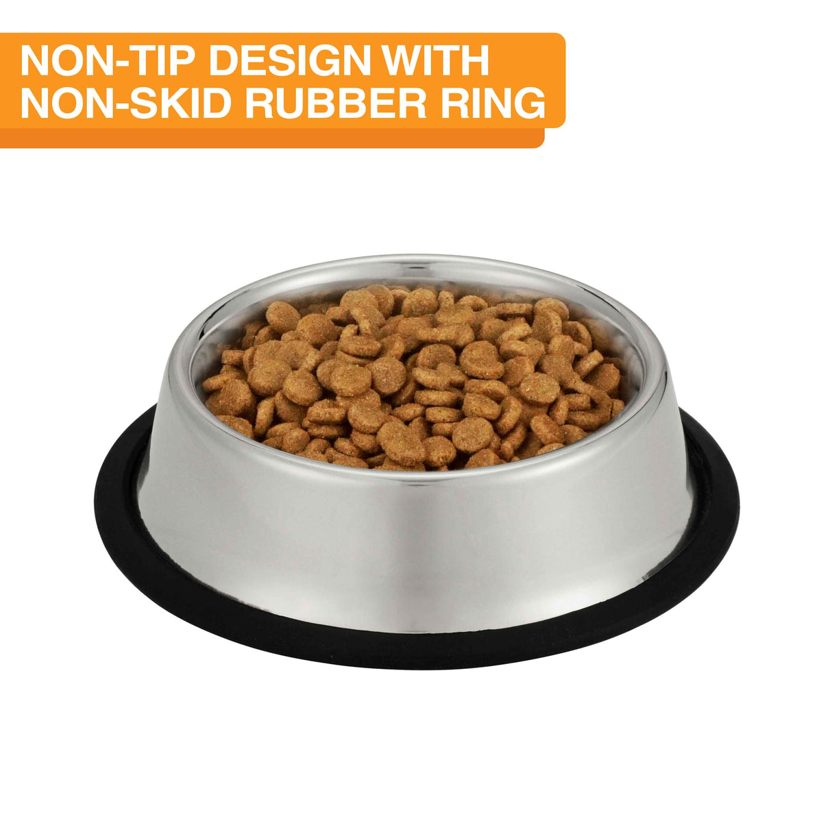 Side view of the 16-ounce Non-tip stainless steel bowl with food inside. Text on the screen reads "Non-tip design with non-skid rubber ring."