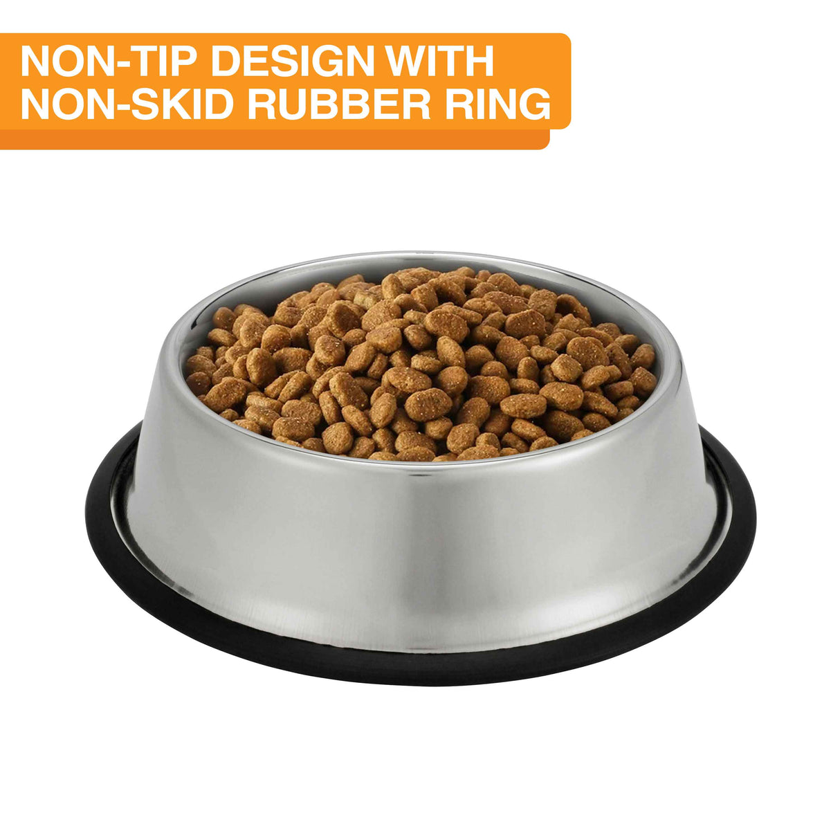 Side view of the 64-ounce Non-tip stainless steel bowl with food inside. Text on the screen reads "Non-tip design with non-skid rubber ring."