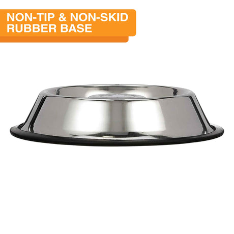 Non-Tip Stainless Steel Slow Feed Bowl side view against a white background. Text on screen reads: Non-tip & non-skid rubber base.