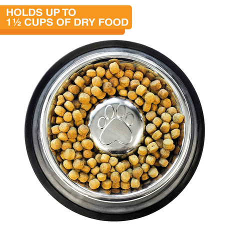 Medium Non-Tip Stainless Steel Slow Feed Bowl with dog kibble in it and the capacity of the bowl.