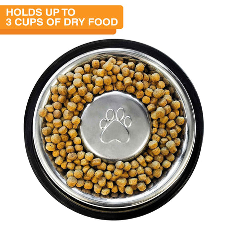 Large Non-Tip Stainless Steel Slow Feed Bowl with dog kibble in it and the capacity of the bowl.