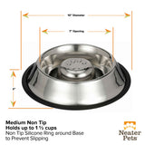 Dimensions of Medium Non-Tip Stainless Steel Slow Feed Bowl: 2 inches tall, 7 inches in the opening, 10 inches in diameter