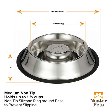 Dimensions of Medium Non-Tip Stainless Steel Slow Feed Bowl: 2 inches tall, 7 inches in the opening, 10 inches in diameter against a white background.