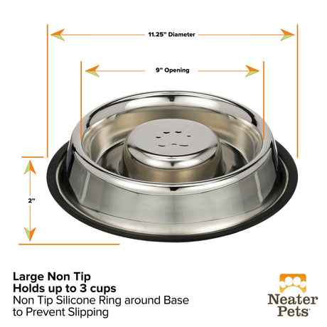 Dimensions of Large Non-Tip Stainless Steel Slow Feed Bowl: 2 inches tall, 9 inches in the opening, 11.25 inches in the diameter  against a white background.