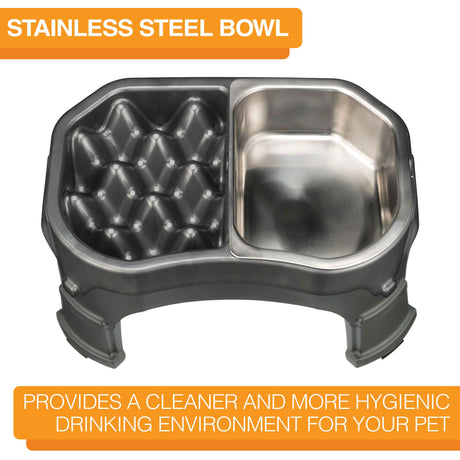 Riased Neater Slow Feed Double Diner with stainless steel bowl with text that says "Provides a cleaner and more hygienic drinking environment for your pet."