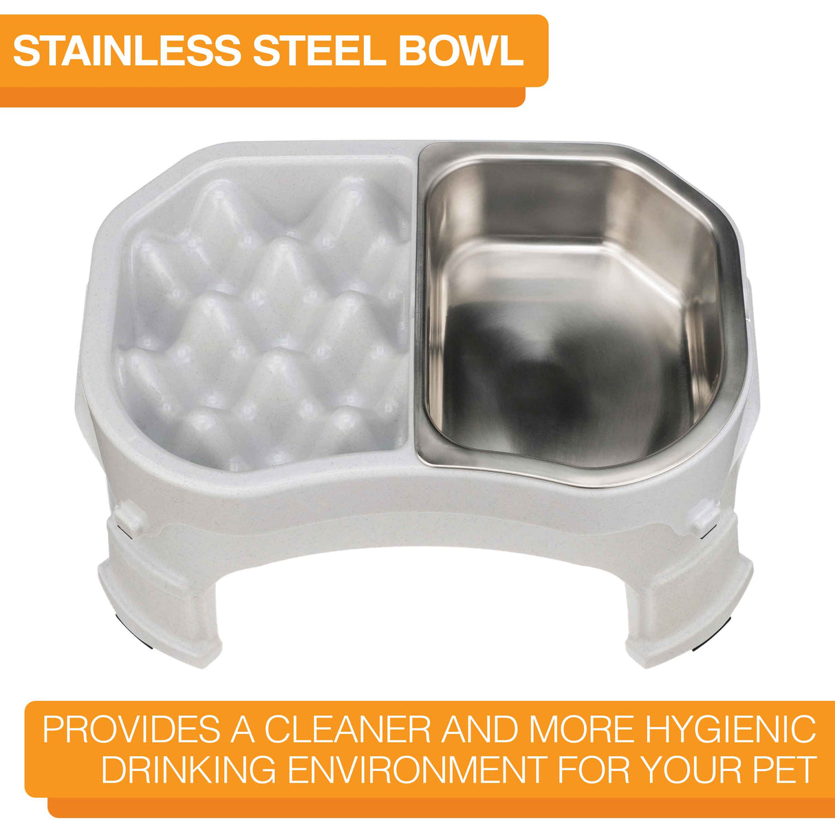 Neater Slow Feed Double Diner with stainless steel bowl with text that says "Provides a cleaner and more hygienic drinking environment for your pet."