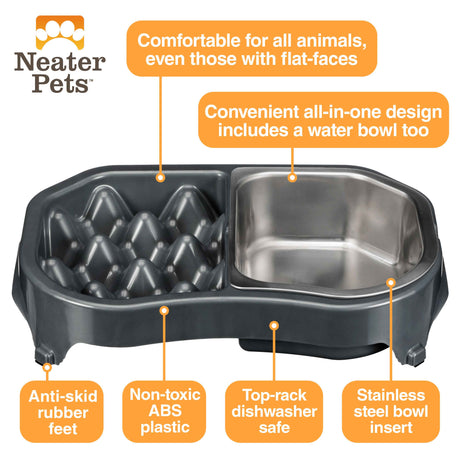 A picture of the Neater Slow Feeder Double Diner with arrows pointing to the benefits, which include: comfortable to eat from, non-toxic, anti-skid rubber feet, top-rack dishwasher safe, stainless steel bowl insert, and an all-in-one water bowl.