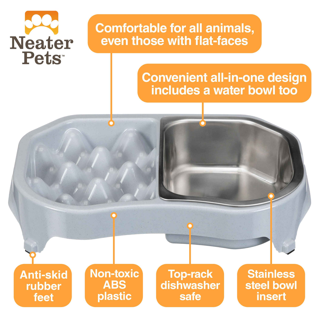 A picture of the Neater Slow Feeder Double Diner with arrows pointing to the benefits, which include: comfortable to eat from, non-toxic, anti-skid rubber feet, top-rack dishwasher safe, stainless steel bowl insert, and an all-in-one water bowl.