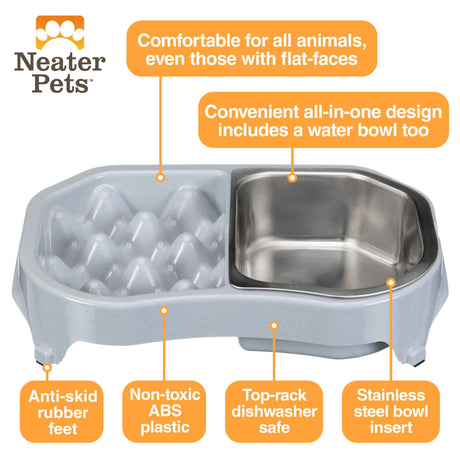 A picture of the Neater Slow Feeder Double Diner with arrows pointing to the benefits, which include: comfortable to eat from, non-toxic, anti-skid rubber feet, top-rack dishwasher safe, stainless steel bowl insert, and an all-in-one water bowl.