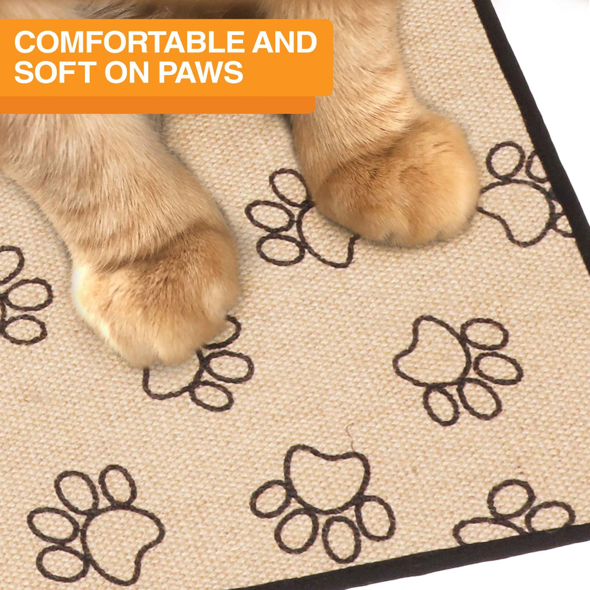 Cat paws on the Jute mat with the text: Comfortable and soft on paws.