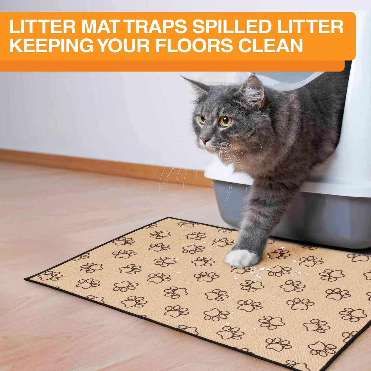 A cat coming out of a litter box stepping on the Jute mat. Text on screen reads: Litter mat traps spilled litter keeping your floors clean.