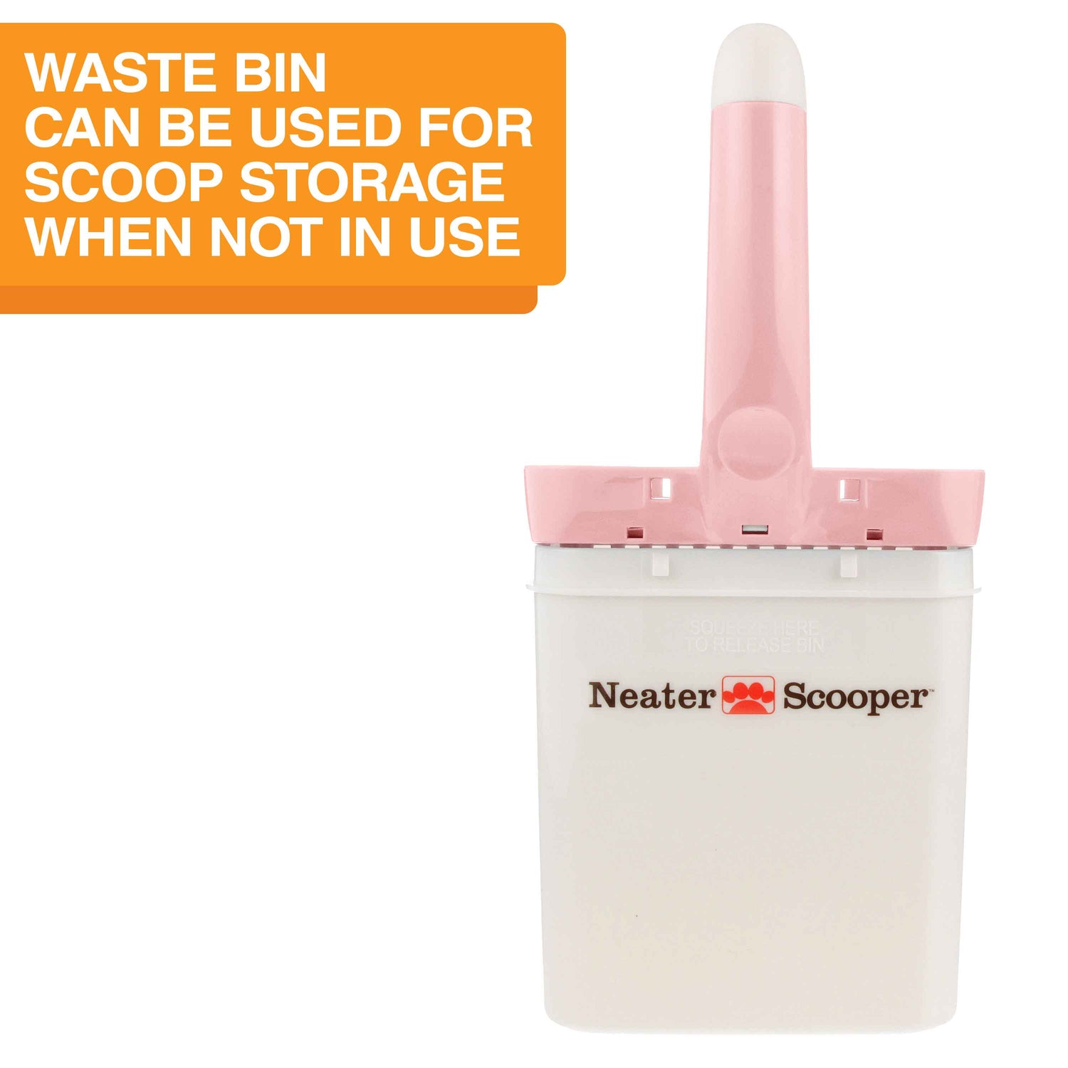 Image of the Neater Scooper top inside the bin with the text: Waste bin can be used for scoop storage when not in use.