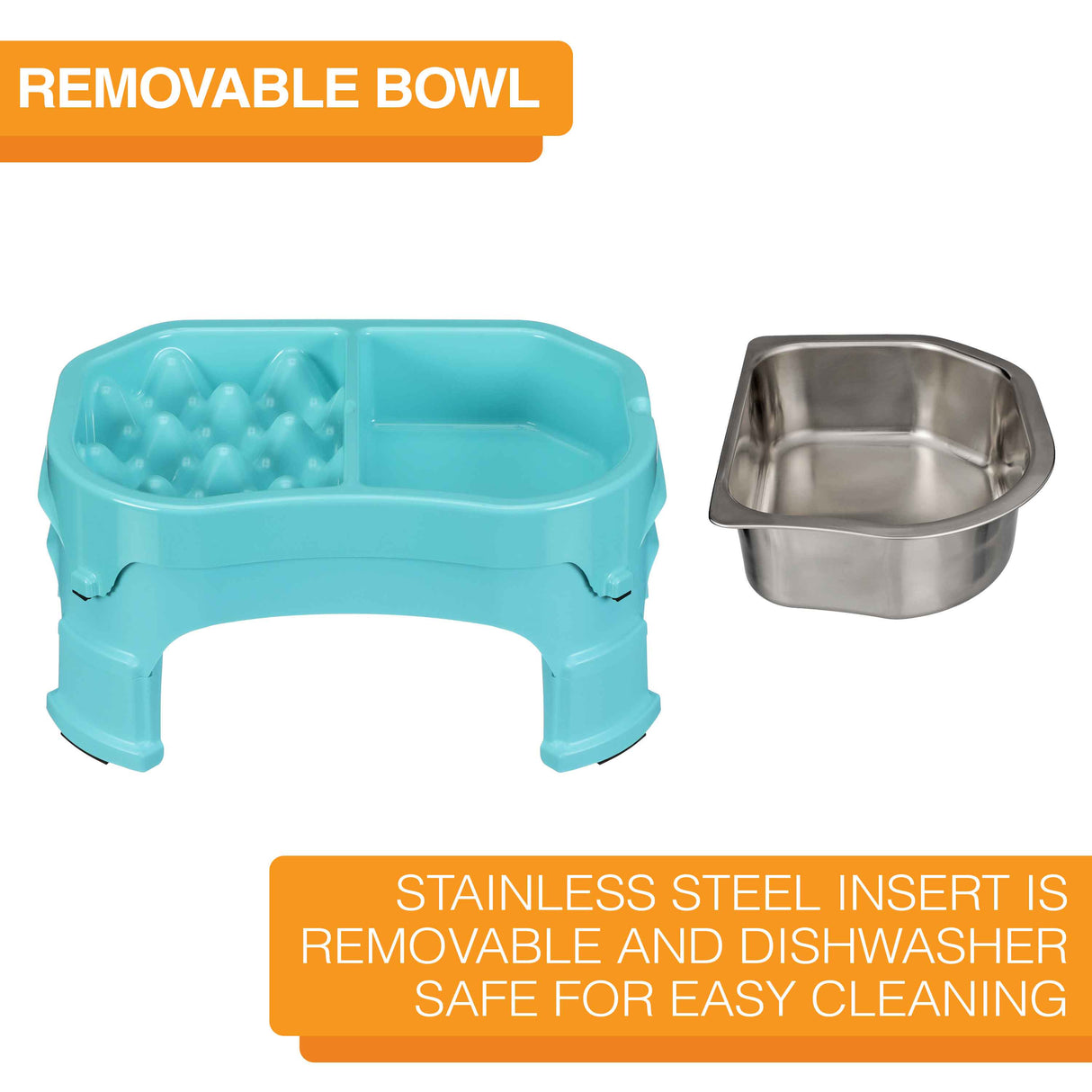 Raised Neater Slow Feed Double Diner with the stainless steel bowl next to it showing that the insert it removable and easy to clean.