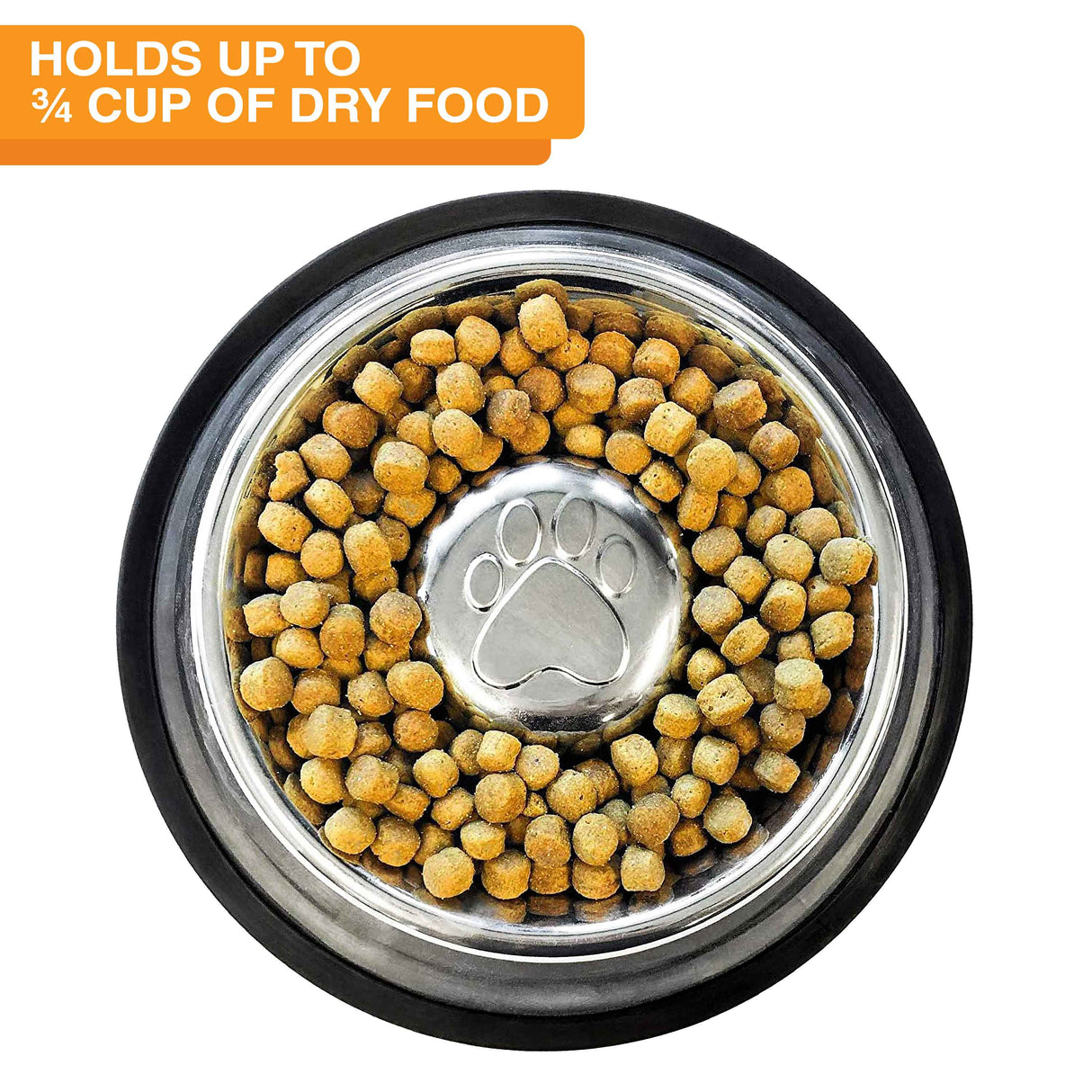 Small non-tip slow feed bowl with dog kibble in it and the capacity of the bowl.