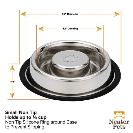 Dimensions of small Non-Tip Stainless Steel Slow Feed Bowl: 1.4 inches tall, 5.1 inches in the opening, 7.5 inches in the diameter against a white background.