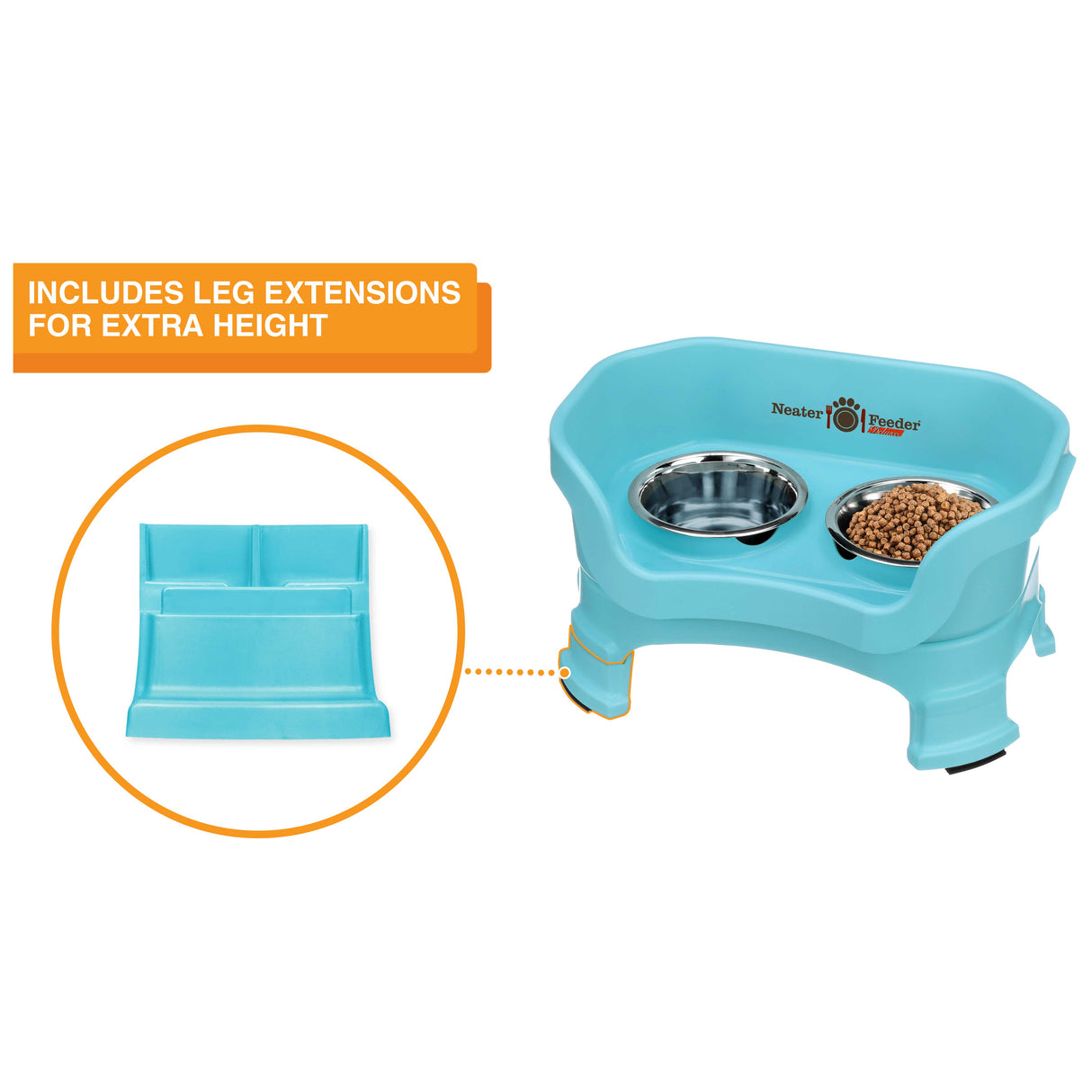 The Neater Feeder Deluxe small with a close-up of the leg extensions that are included.