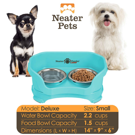 A chart displaying the Deluxe small bowl capacity and dimensions, with two small dogs on either side of the chart.