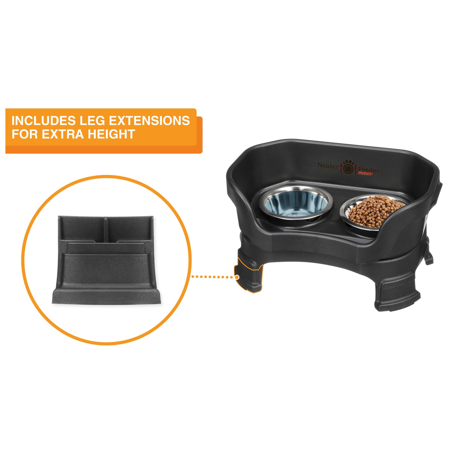The Neater Feeder Deluxe small with a close-up of the leg extensions that are included.