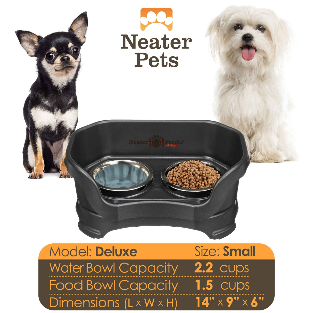 A chart displaying the Deluxe small bowl capacity and dimensions, with two small dogs on either side of the chart.
