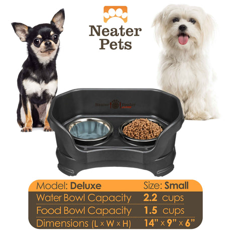 A chart displaying the Deluxe small bowl capacity and dimensions, with two small dogs on either side of the chart.