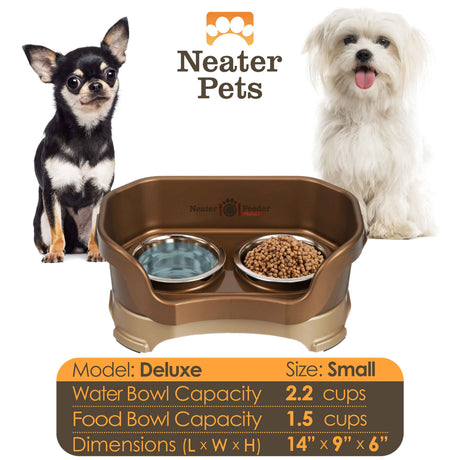 A chart displaying the Deluxe small bowl capacity and dimensions, with two small dogs on either side of the chart.