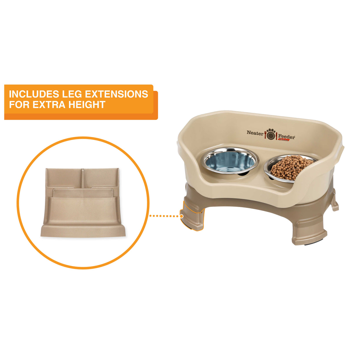 The Neater Feeder Deluxe small with a close-up of the leg extensions that are included.