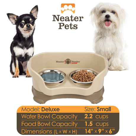 A chart displaying the Deluxe small bowl capacity and dimensions, with two small dogs on either side of the chart.