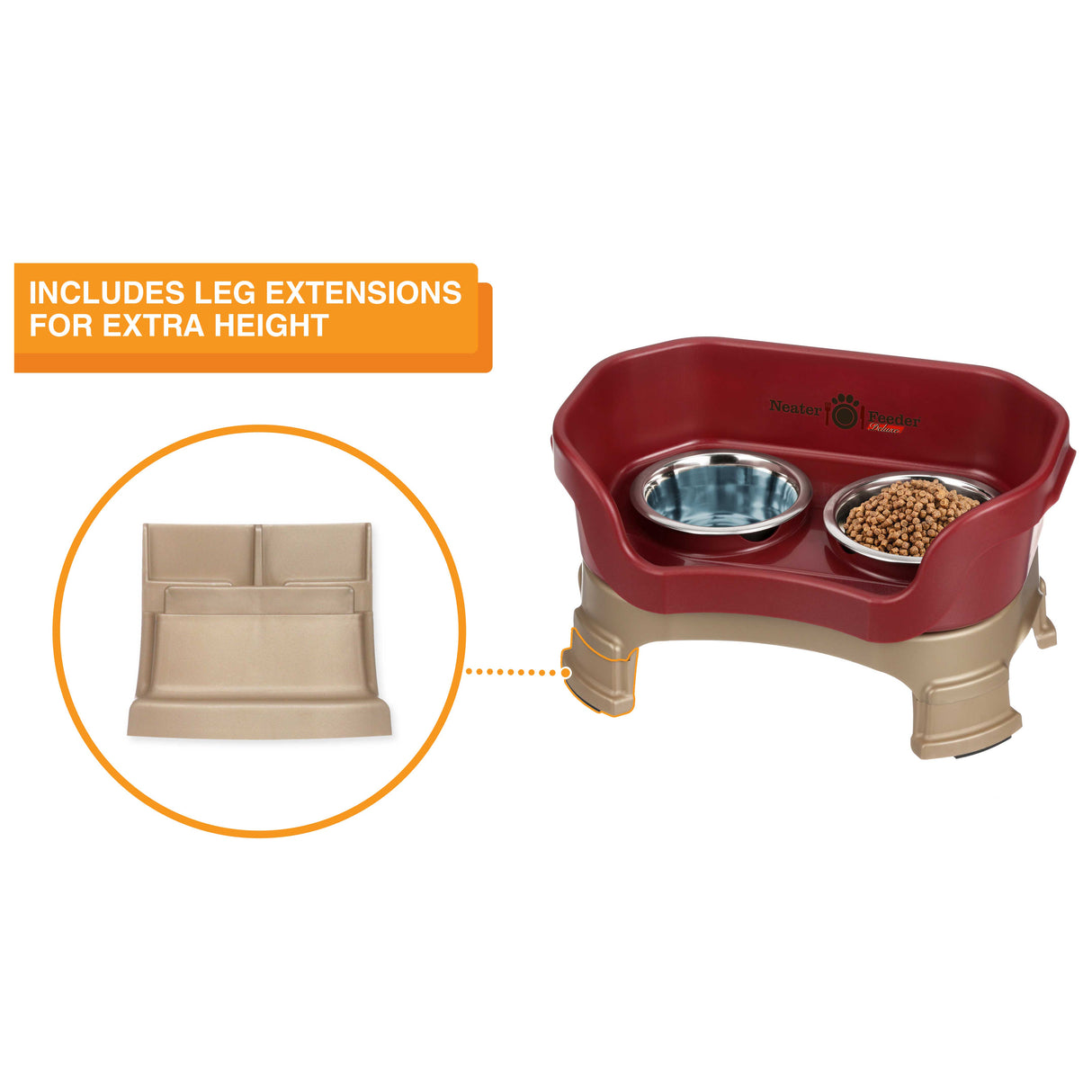 The Neater Feeder Deluxe small with a close-up of the leg extensions that are included.