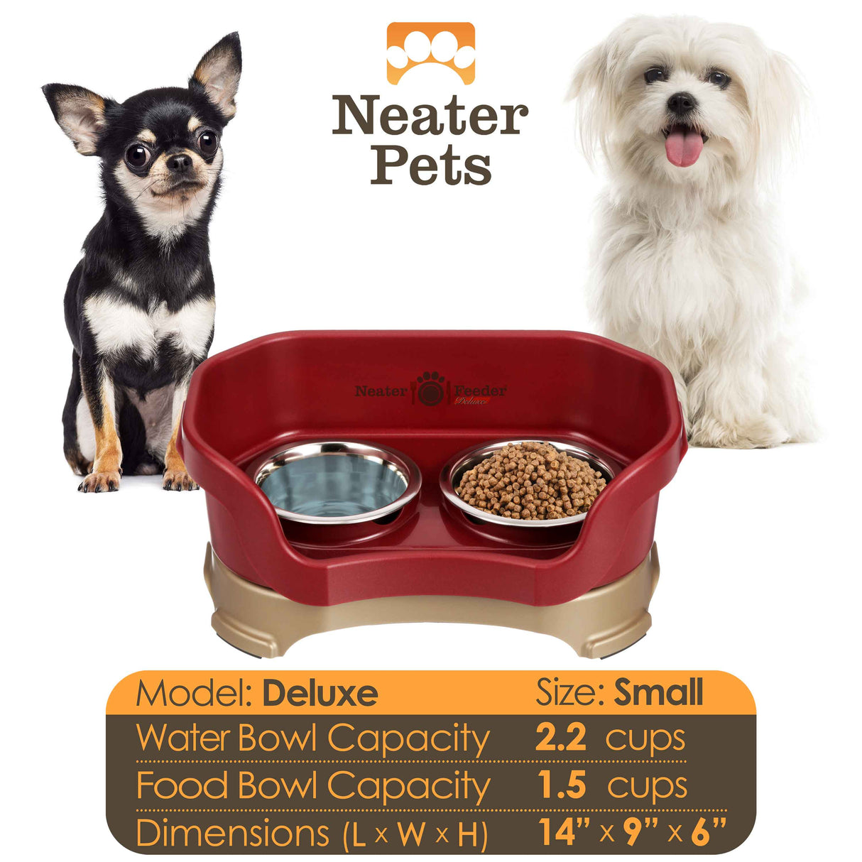 A chart displaying the Deluxe small bowl capacity and dimensions, with two small dogs on either side of the chart.