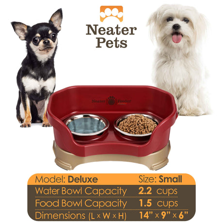 A chart displaying the Deluxe small bowl capacity and dimensions, with two small dogs on either side of the chart.