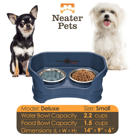A chart displaying the Deluxe small bowl capacity and dimensions, with two small dogs on either side of the chart.
