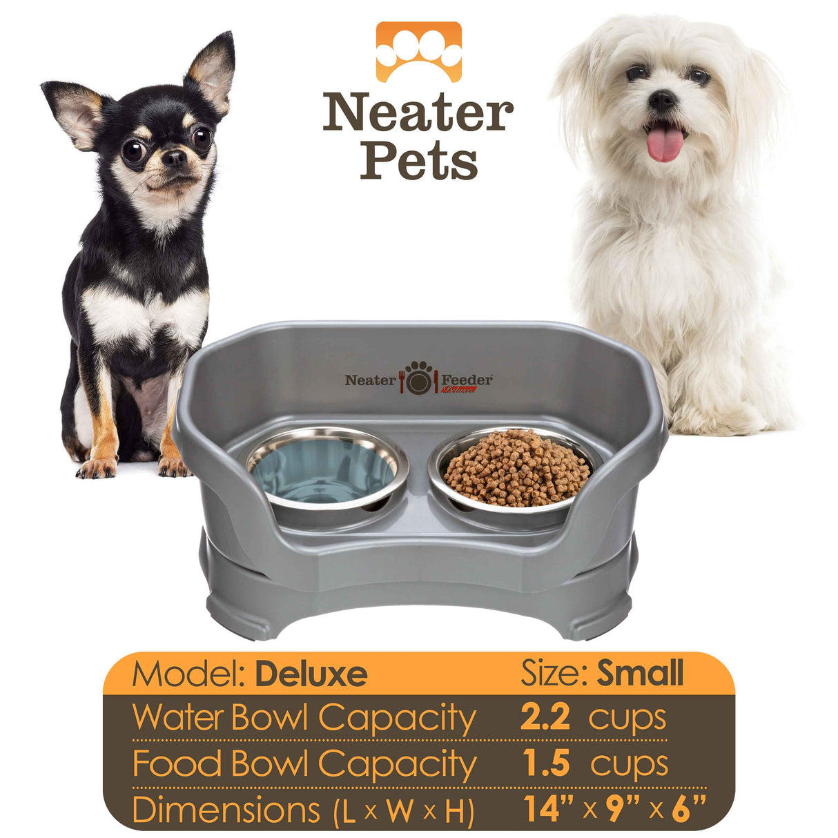 A chart displaying the Deluxe small bowl capacity and dimensions, with two small dogs on either side of the chart.